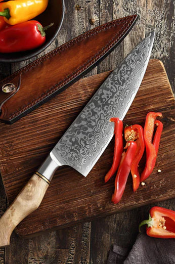 B30 2pcs Damascus Knife Set, 1 Pc 8 Inch Chef Knife, 1 Pc 5 Inch Utility Knife Having Figured Sycamore Wood Handle