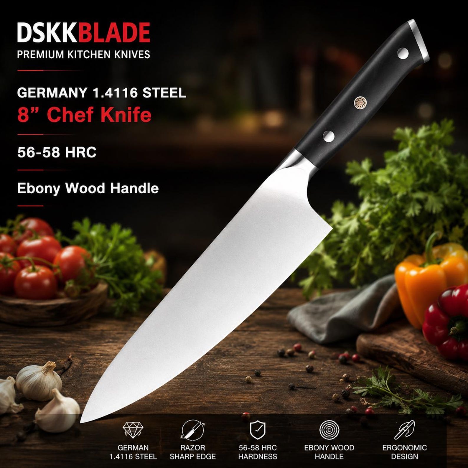 Razor Sharp German Stainless Steel Chef Knife – Premium Ebony Wood Handle Kitchen Knife with Ergonomic Grip, Professional Cooking Gift