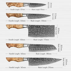 B30 6 Pcs Damascus Knife Set, 1 Pc 8 ″ Chef Knife, 1 Pc 7 ″ Santoku Knife, 1 Pc 7 ″ Cleaver Knife, 1 Pc 5 Inch Utility Knife, 1 Pc 3.5 ″ Paring Knife, 1 Pc Magnet Stand  Having Figured Sycamore Wood Handle