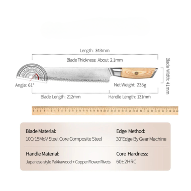X01 8.5 Inch Bread Knife, 73 LAYERS Damascus Steel with Poweder steel Having Olive Wood Handle