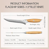 X01 7 Inch Fillet Knife, 73 LAYERS Damascus STEEL WITH 14cr14v3monb POWDER STEEL Having Olive Wood Handle