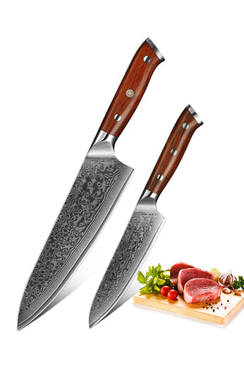 Bravo Series 2pcs Damascus Steel Chef And Utility Knife Set With Iron Wood Handle