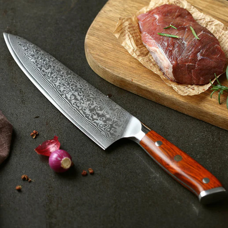 Bravo Series 2pcs Damascus Steel Chef And Utility Knife Set With Iron Wood Handle