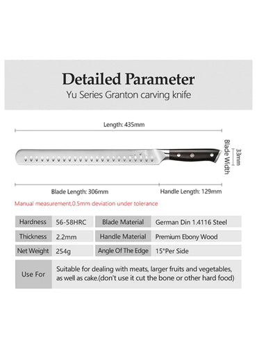 B13S 12 Inch Granton Carving Knife, German 1.4116 Steel, Having Nature Ebony Wood Handle