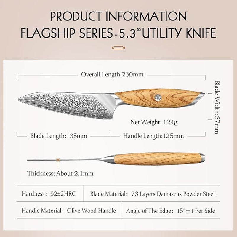 X01 5 Inch Utility Knife, 73 LAYERS Damascus STEEL WITH 14cr14v3monb POWDER STEEL Having Olive Wood Handle