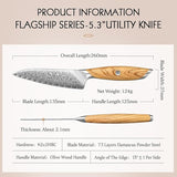 X01 5 Inch Utility Knife, 73 LAYERS Damascus STEEL WITH 14cr14v3monb POWDER STEEL Having Olive Wood Handle