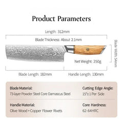 X01 7.5 Inch Nakiri Knife, 73 LAYERS Damascus Steel with Poweder Having Olive Wood Handle